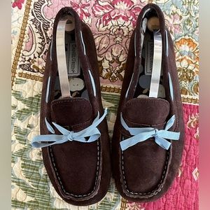 DANIEL GREEN Brown Suede Moccasins Blue Ribbon Hard Sole Slipper Size 8-1/2‎